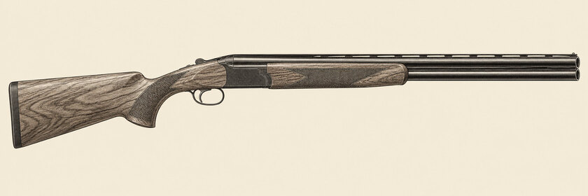 Drawing of an ATA SP from the right: two stacked barrels, a rib, a plain dark action, a single trigger and a walnut stock.