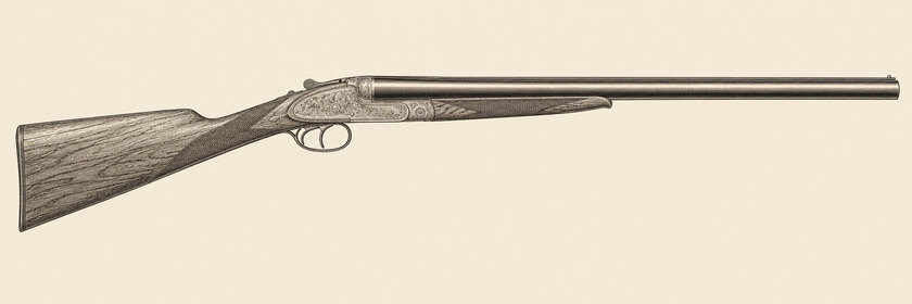 Drawing of an AYA No. 2 from the right: side-by-side barrels, a concave rib, scroll-engraved sidelock plates, double triggers, a straight-hand walnut stock and a splinter fore-end.