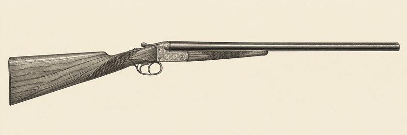 Drawing of an AYA No. 4 from the right: side-by-side barrels, a scroll-engraved boxlock, double triggers, a straight-hand walnut stock and a fore-end with a button release.