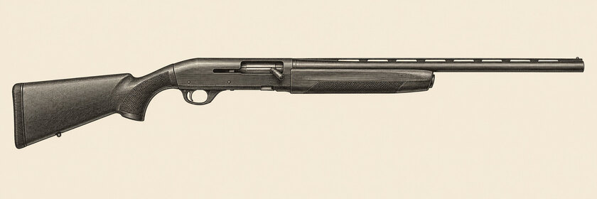 Drawing of a Benelli M2 from the right: one barrel, a rib, a receiver with an ejection port and bolt handle, a black synthetic stock, a recoil pad and a textured fore-end.