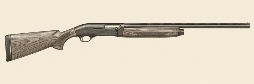 Drawing of a Benelli Montefeltro from the right: one barrel, a rib, a wraparound receiver with an ejection port and bolt handle, a single trigger, a walnut stock and a walnut fore-end.
