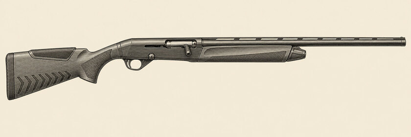 Drawing of a Benelli Super Black Eagle 3 from the right: one barrel, a rib, a receiver with an ejection port and enlarged controls, a black synthetic stock with diagonal chevrons and an inset comb pad, a recoil pad and a fore-end with an angular cap.