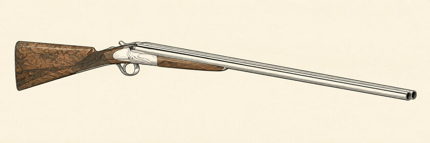 Drawing of one Beretta 1526 Parallelo from an elevated side view, with side-by-side barrels, a polished receiver with a wave design and a walnut stock.