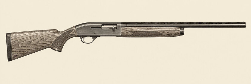 Drawing of a Beretta 303 from the right: one barrel, a rib, a receiver with chamfered lower corners, an ejection port and bolt handle, a large trigger guard, a capped pistol-grip walnut stock and a walnut fore-end.