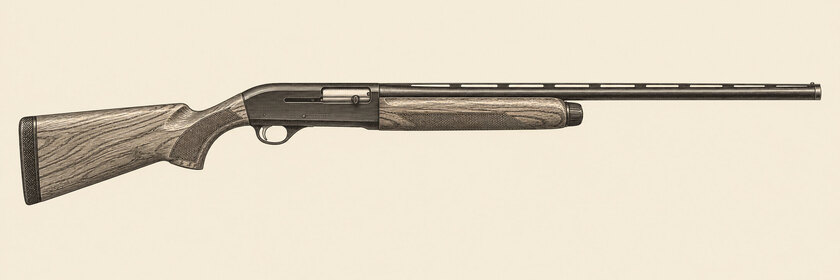 Drawing of a Beretta 391 from the right: one barrel, a rib, a dark receiver with an ejection port and bolt handle, a single trigger, a walnut stock and a rounded walnut fore-end.