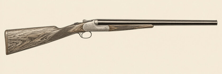 Drawing of a Beretta 486 by Marc Newson from the right: side-by-side barrels, a rib, a rounded receiver, a single trigger, a safety set in walnut, a straight-hand walnut stock with a wooden butt pad, and a splinter fore-end.
