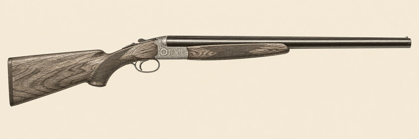 Drawing of a Beretta 486 Parallelo from the right: side-by-side barrels, a rib, a rounded action with floral engraving, a single trigger, a pistol-grip walnut stock and a beavertail fore-end.