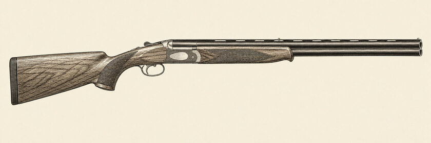 Drawing of a Beretta 682 Gold E from the right: two stacked barrels, a rib, a low action with dark and pale hatching and an oval graphic, a single trigger, a walnut stock with a fixed comb and a schnabel fore-end.