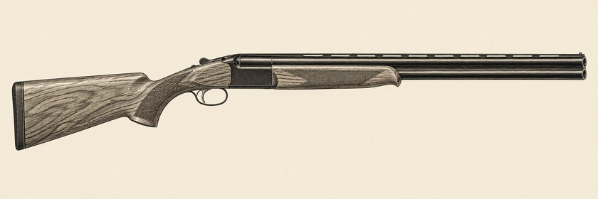 Drawing of a Beretta 686 Onyx from the right: two stacked barrels, a rib, a dark boxlock action, a single trigger, a walnut stock and a schnabel fore-end with diamond chequering.