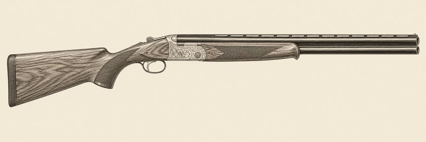 Drawing of a Beretta 686 Silver Pigeon I from the right: two stacked barrels with solid side ribs, a ventilated top rib, a pale floral-engraved action, a single trigger, a pistol-grip walnut stock and a schnabel fore-end.