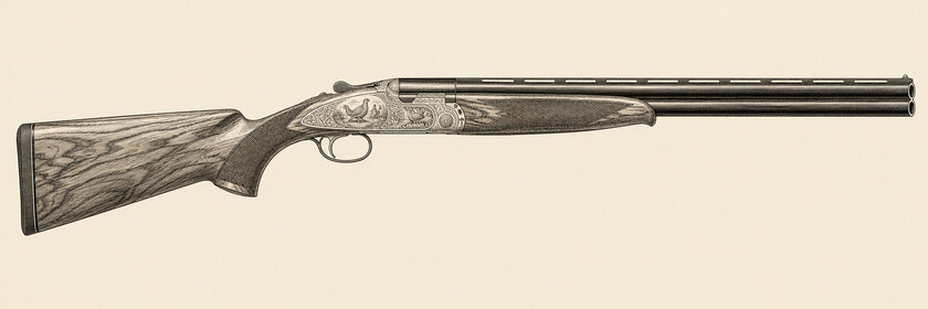 Drawing of a Beretta 687 EELL Diamond Pigeon from the right: two stacked barrels, a rib, long decorative sideplates with a game scene and scroll engraving, a single trigger, a walnut stock and a schnabel fore-end.