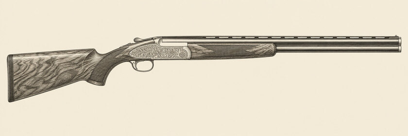 Drawing of a Beretta 687 Silver Pigeon 500 Years Limited Edition from the right: two stacked barrels, a narrow top rib, floral engraving on sideplates, a fixed-comb walnut stock with a pistol grip, and a rounded fore-end.