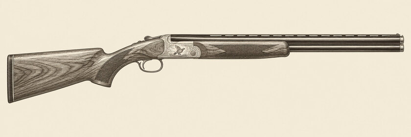 Drawing of a Beretta 687 Silver Pigeon III from the right: two stacked barrels, a narrow top rib, game-scene engraving, a walnut stock and a rounded fore-end.