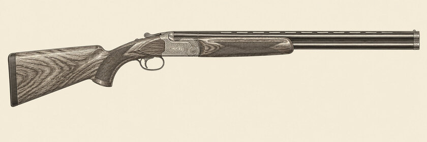 Drawing of a Beretta 687 Silver Pigeon V from the right: two stacked barrels, a narrow top rib, deep scroll engraving and a walnut stock.