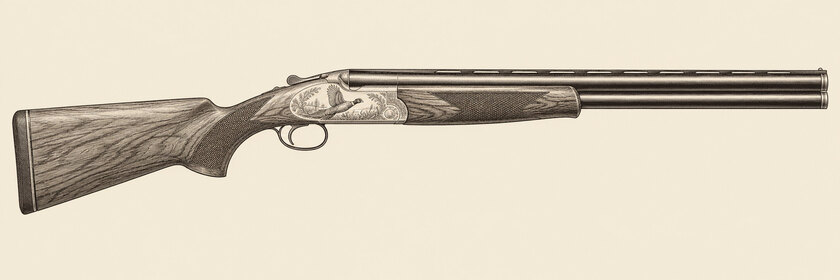 Drawing of a Beretta 690 from the right: two stacked barrels, a narrow top rib, a flying-pheasant engraving on the action, a stock and a rounded fore-end.