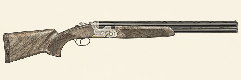 Drawing of a Beretta 694 500 Years Limited Edition from the right, with two stacked barrels, floral engraving, gold action details and a walnut stock.