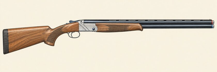 Drawing of a Beretta 694 Australian 20th Anniversary from the right: two stacked barrels with a ventilated top rib and colour-banded extended chokes, a silver action with blue details, and a walnut stock and fore-end.