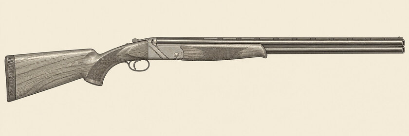 Drawing of a Beretta 694 from the right: two stacked barrels, a tapered top rib, a matte action with diagonal lines, a low top lever, a stock with a pistol grip, and a schnabel fore-end.