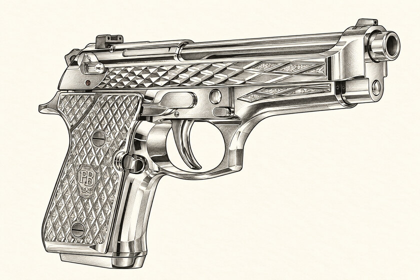 Drawing of the Beretta 92FS Diamond 2026 from the right, with faceted silver surfaces and a diamond-set grip panel bearing the PB shield.