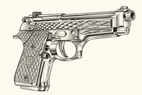 Drawing of the Beretta 92FS Diamond 2026 from the right, with faceted silver surfaces and a diamond-set grip panel bearing the PB shield.