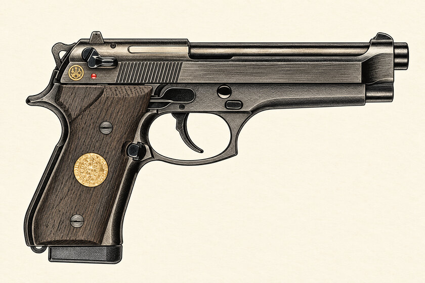 Drawing of a Beretta 92FS Ducato from the right, with a dark steel frame, oak grip panel and round gold ducat insert.