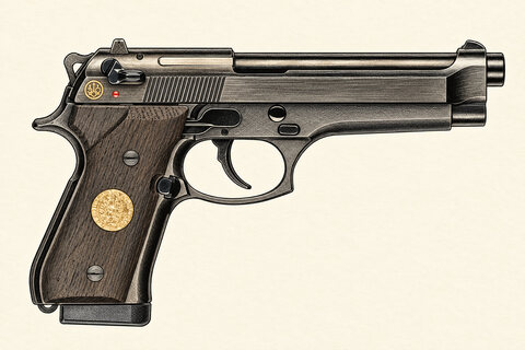 Drawing of a Beretta 92FS Ducato from the right, with a dark steel frame, oak grip panel and round gold ducat insert.