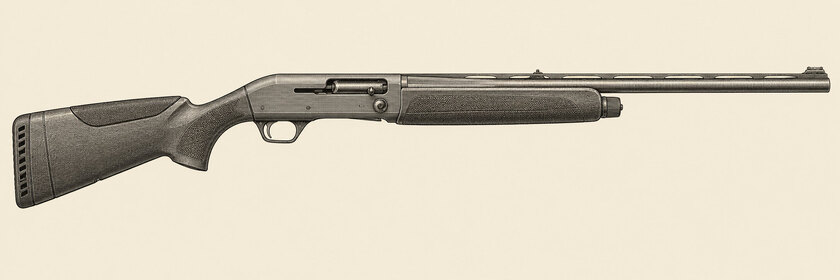 Drawing of a Beretta A300 Ultima from the right: one barrel, a stepped top rib with two sights, an ejection port with enlarged controls, a polymer stock with a soft cheekpiece and a semi-square trigger guard.