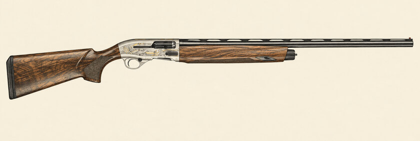 Drawing of a Beretta A400 500 Years Special Edition from the right, with a nickel-finished receiver, hunting scenes, gold details and a wooden stock.