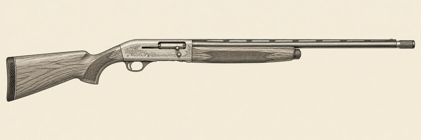 Drawing of a Beretta A400 Xcel from the right: one barrel, a top rib, a lightly engraved action with an ejection port and enlarged controls, and a stock with a pistol grip and palm swell.