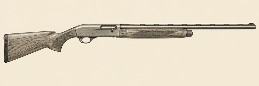 Drawing of a Beretta A400 Xplor from the right: one barrel, a narrow top rib and front sight, an action with an ejection port, a chequered walnut stock and a chequered fore-end.