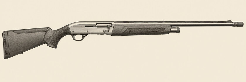 Drawing of a Beretta A400 Xtreme Plus from the right: one barrel with an extended choke, a stepped top rib with two sights, an ejection port with enlarged controls, and a synthetic stock with a pistol grip and soft comb pad.