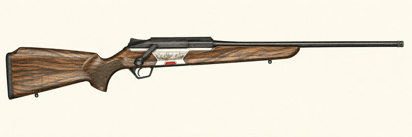 Drawing of a Beretta BRX1 500 Years rifle from the right, with a wooden stock, an engraved silver receiver panel and a black bolt handle.