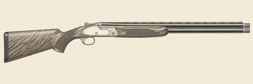 Drawing of a Beretta DT11 10th Anniversary from the right: two stacked barrels with extended chokes, a top rib, mirror-polished sideplates with floral engraving, a walnut stock and a rounded fore-end.