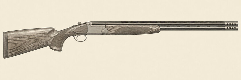 Drawing of a Beretta DT11 SuperSport from the right: two stacked barrels with extended ported chokes, a tapered channel rib, an action, a fixed-comb stock with a palm swell, and a slim beavertail fore-end.