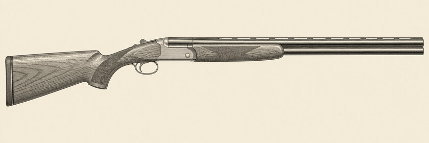 Drawing of a Beretta DT11 from the right: two stacked barrels, a tapered top rib, an action, a stock and a rounded fore-end.