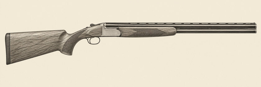 Drawing of a Beretta S680 from the right: two stacked barrels, an action and an anatomically shaped fore-end with fine chequering.