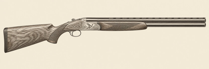 Drawing of a Beretta SL3 500 Years Limited Edition from the right: two stacked barrels, a narrow top rib, fine scroll and game-scene engraving, and a walnut stock.