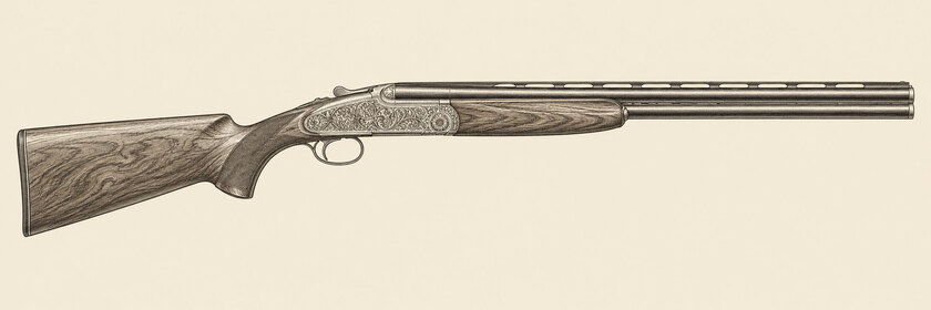 Drawing of a Beretta SL3 from the right: two stacked barrels, a low action with scroll-engraved sideplates, a walnut pistol-grip stock and one trigger.
