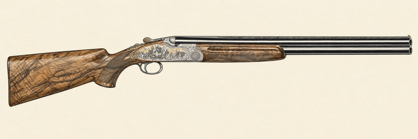 Drawing of a Beretta SO10 EELL History from the right, with stacked barrels, battle scenes on the sideplate and a walnut stock.
