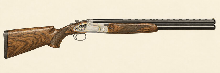 Drawing of a Beretta SO10 Kronos from the right, with stacked barrels, a transparent sapphire window in the sideplate, gold borders and a walnut stock.