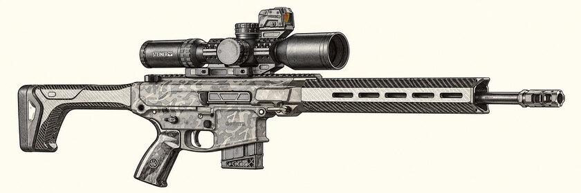 Drawing of the Beretta Titan from the right, with a grey camouflage receiver, carbon-fibre stock and fore-end, short magazine and Steiner scope.