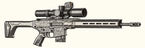 Drawing of the Beretta Titan from the right, with a grey camouflage receiver, carbon-fibre stock and fore-end, short magazine and Steiner scope.