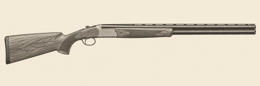 Drawing of a Blaser F16 from the right: two stacked barrels, a lightly hatched action, a walnut stock, flush choke mouths and one trigger with its selector ahead.