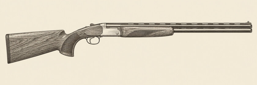 Drawing of a Blaser F3 from the right: two stacked barrels with a top rib and a front bead, an action, a stock with a steep pistol grip and palm swell, and one trigger.