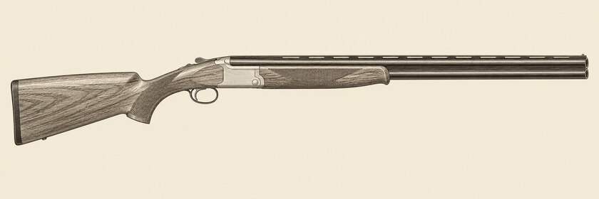 Drawing of a Browning 725 from the right: two stacked barrels with a top rib, a low lightly hatched action, a pistol-grip stock, a tulip fore-end and one trigger.
