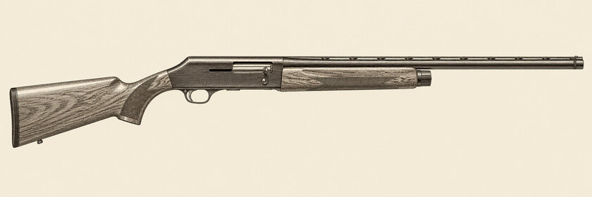Drawing of a Browning A5 from the right: one barrel with a top rib, a dark hatched humpback receiver with a right ejection port and bolt handle, a walnut stock with a vertical pistol grip and one trigger.