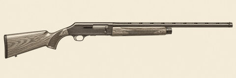 Drawing of a Browning A5 from the right: one barrel with a top rib, a dark hatched humpback receiver with a right ejection port and bolt handle, a walnut stock with a vertical pistol grip and one trigger.