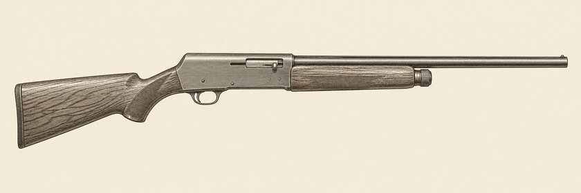 Drawing of a Browning Auto-5 from the right: one barrel, a squared humpback receiver with a right ejection port and bolt handle and one trigger.
