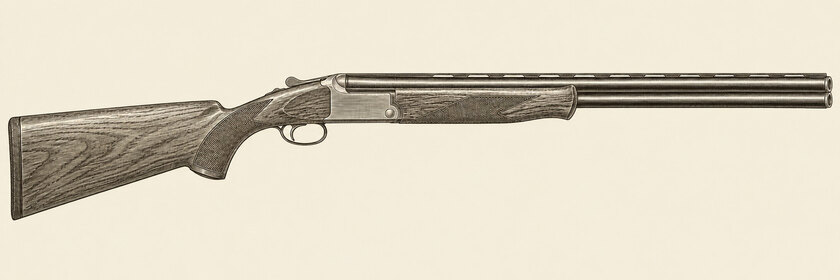 Drawing of a Browning B25 from the right: two stacked barrels, a boxlock action, a walnut pistol-grip stock and a sliding fore-end with a tulip tip.