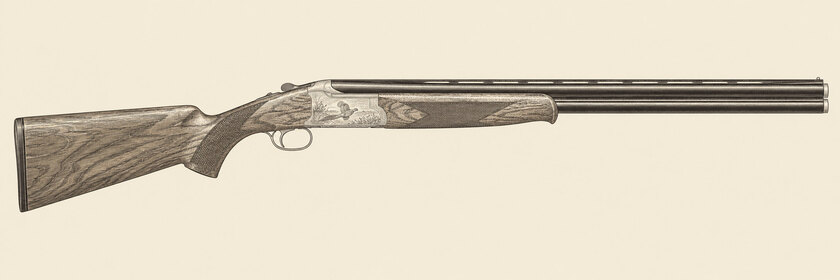 Drawing of a Browning B525 from the right: two stacked barrels with a top rib, a lightly hatched action with a game-bird scene, a pistol-grip stock with a fixed comb, a tulip fore-end and one trigger.